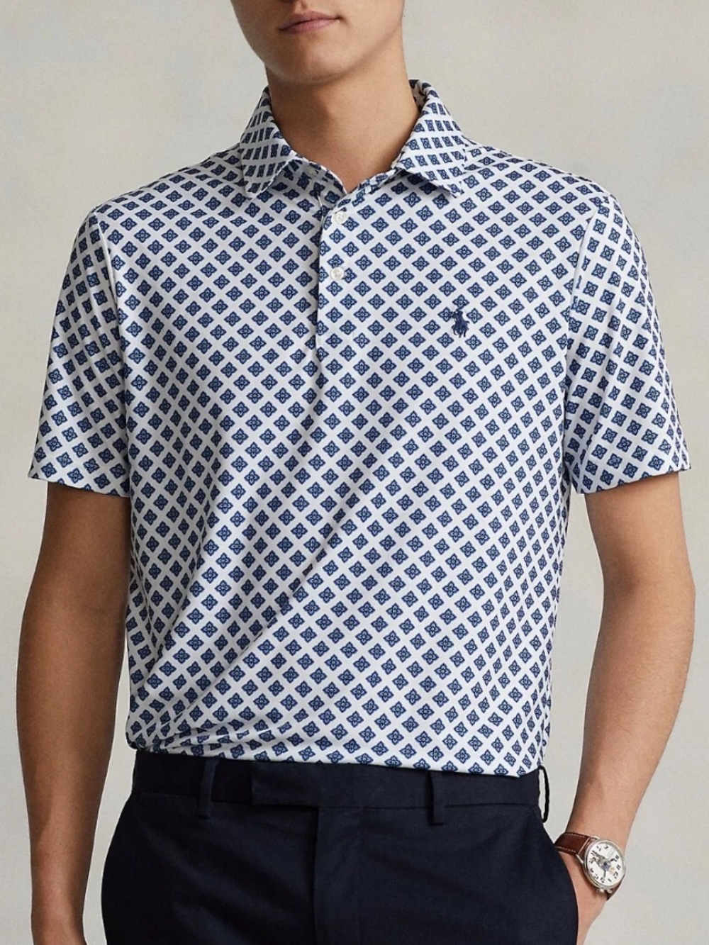 Ralph Lauren Diamond Geo Soft Stitch Golf White & Navy Stretch Polo Shirt Large